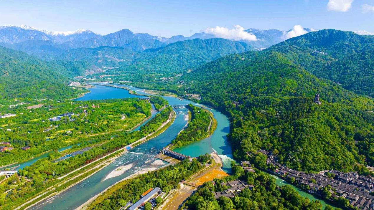 River channels and historic structures at the Dujiangyan Irrigation System