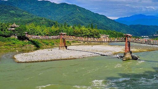 Suspension bridge crossing the river in Dujiangyan